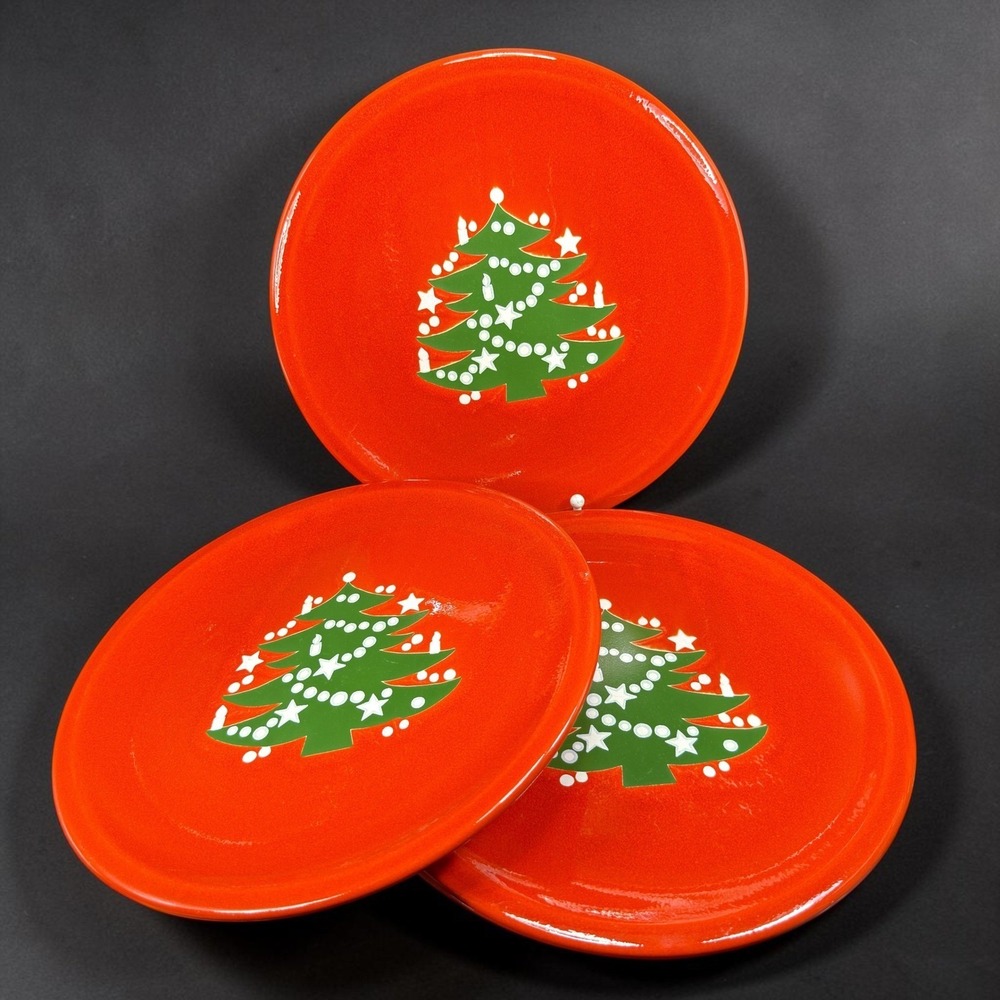 Waechtersbach Germany Christmas Tree Dishes Plates Set 3 Red Orange Glaze 10"